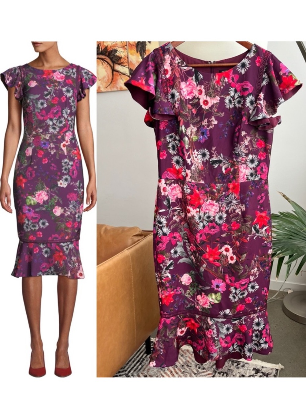 David Meister Floral Print Midi Dress